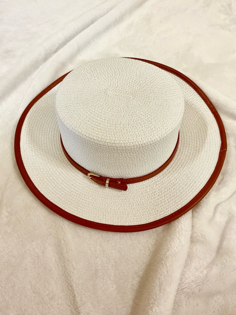 British Flat Top Wide Brim White Straw Hat Detachable Leopard Print Clip NWOT - Picture 3 of 14